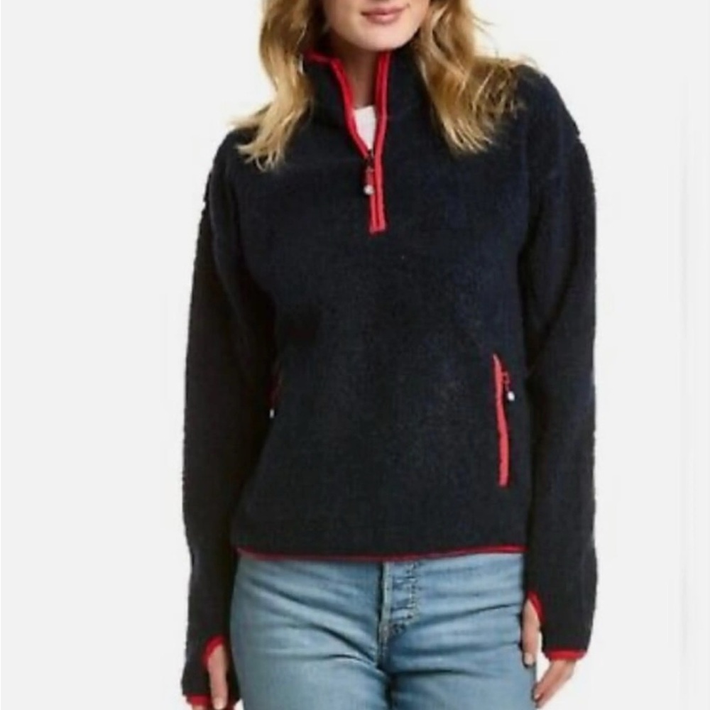 Brooks Brothers Women’s Navy Fleece Zip Up with Red Trim - M